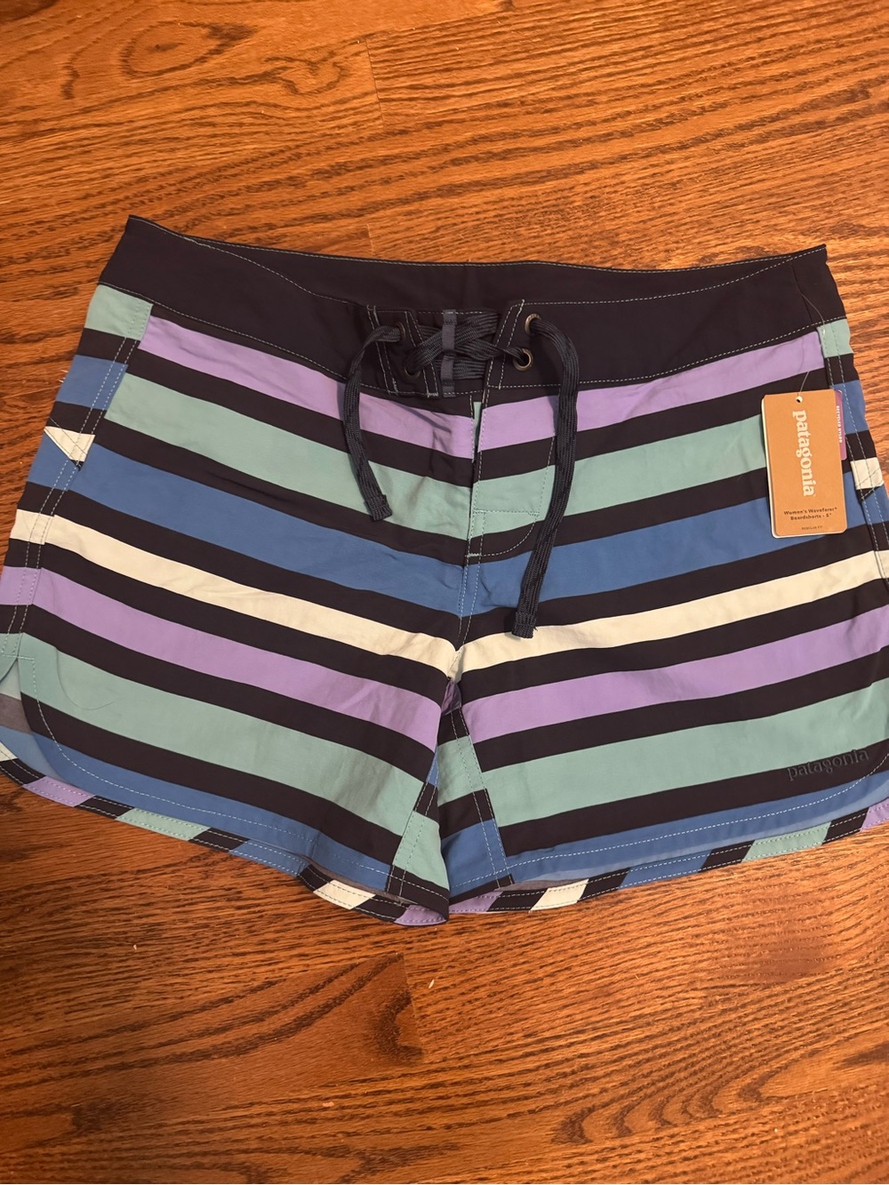 Patagonia Women's Striped Boardshorts in Teal, Purple, Navy, White